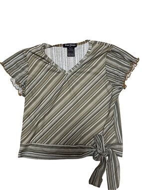 Olive & White Striped V-Neck  Classy Tie-Side Girls Size 12 Blouse
